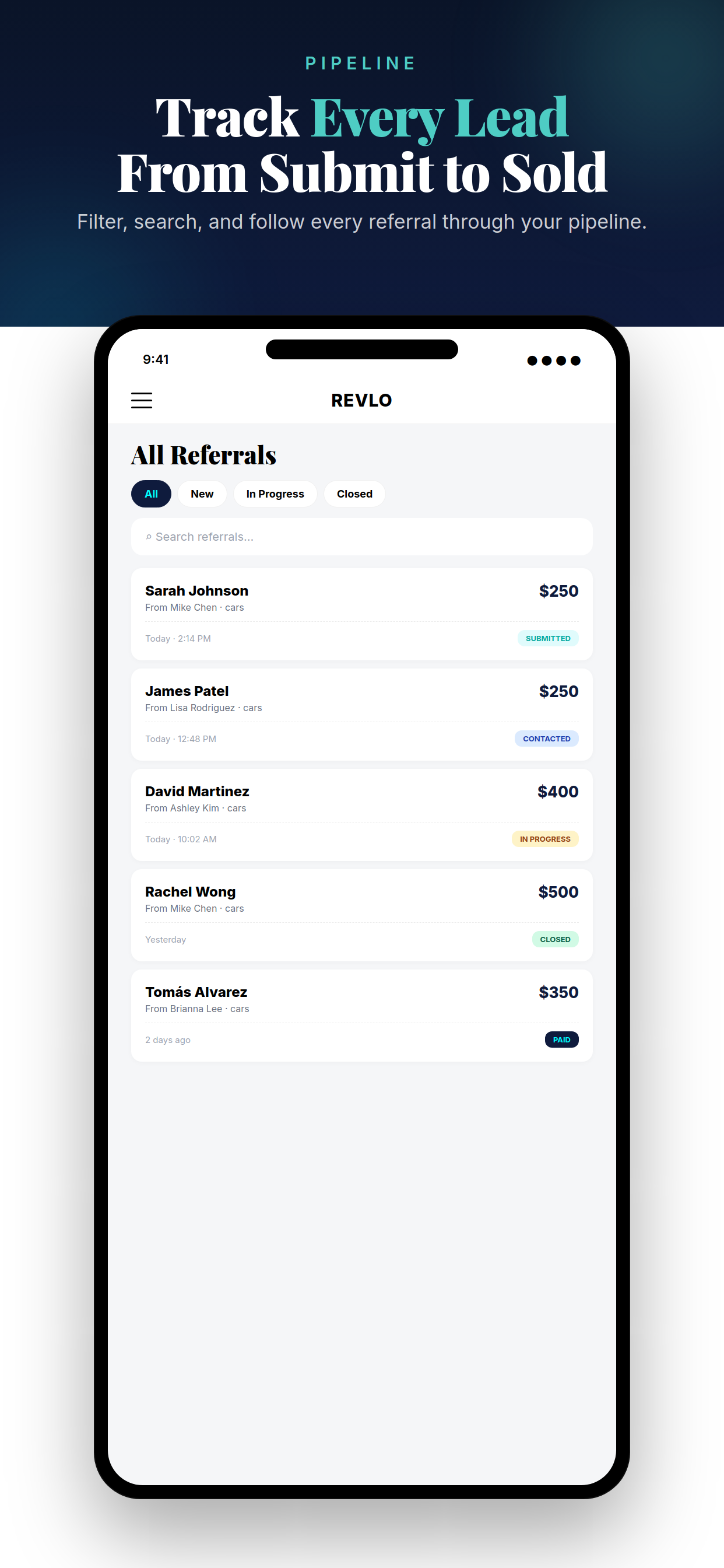 Track every lead from submit to sold
